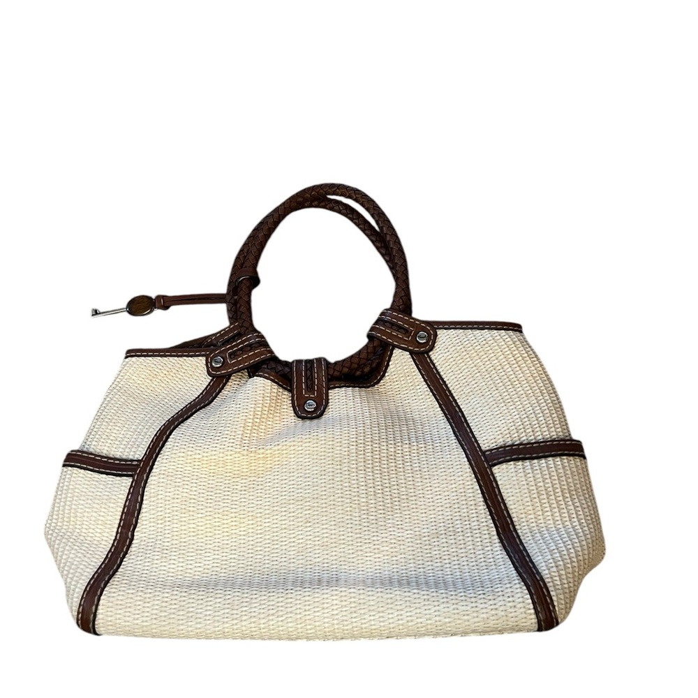 FOSSIL Woven Straw Handbag with Brown Leather Trim, Braided Handles & Key Charm